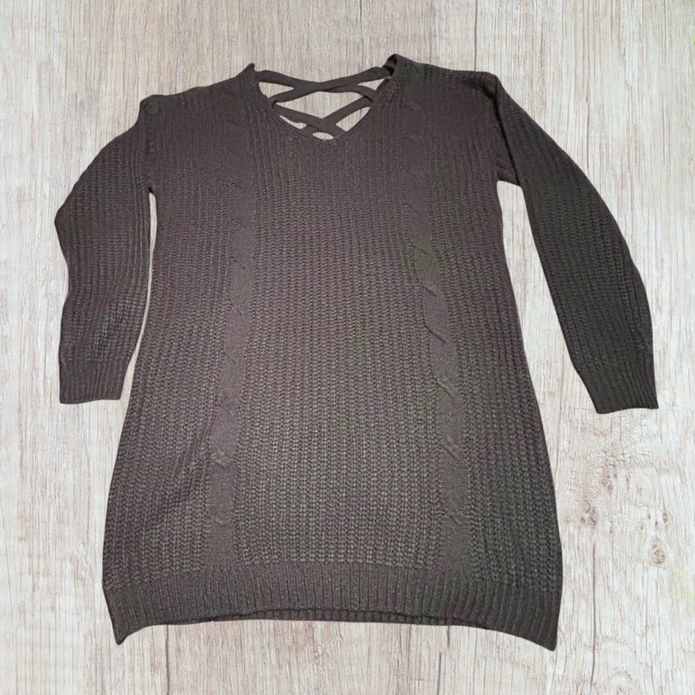 Extra Long V-Neck Sweater XL Stiletto Long Sleeves Olive Green Open Back - Picture 2 of 9
